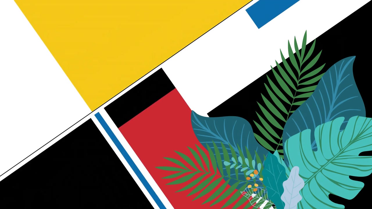 Animation of plants and colourful shapes on white background
