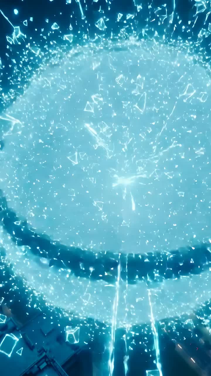 Vertical video: Cracking cyan energy dome destabilizing on rooftop, ejecting shards after flare