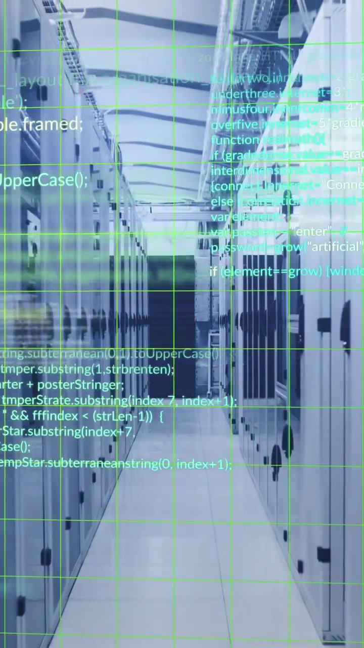 Animation of computer language and grid moving over data server rooms