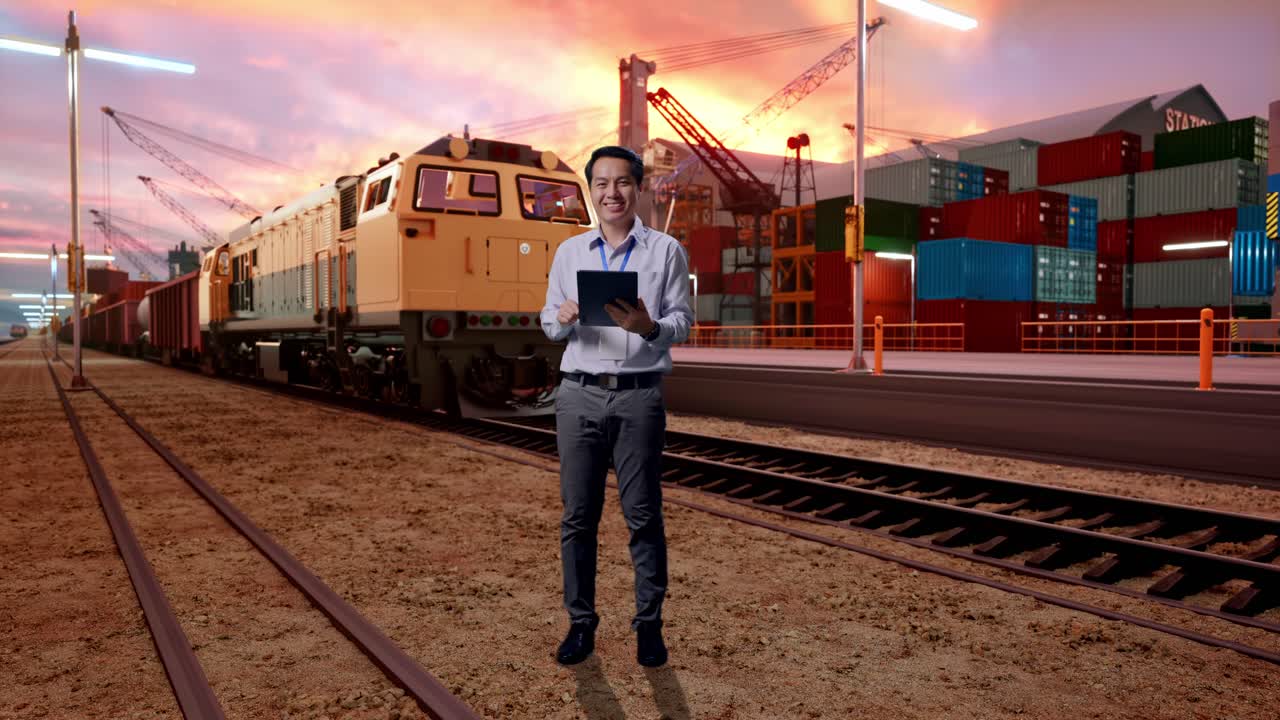 Full Body Of An Asian Male Professional Worker Standing With Freight Cargo Train At Port, Typing On Tablet'S Keyboard With Green Screen And Look At The Factory Once