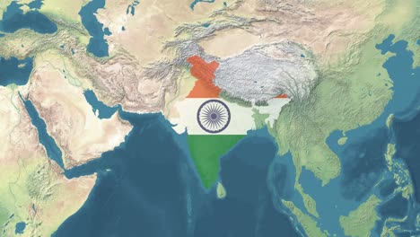 zoom em mapa de satélite animado da índia ou da índia ou do hindustão com bandeira e área de desenho com fronteiras direitas, incluindo a caxemira