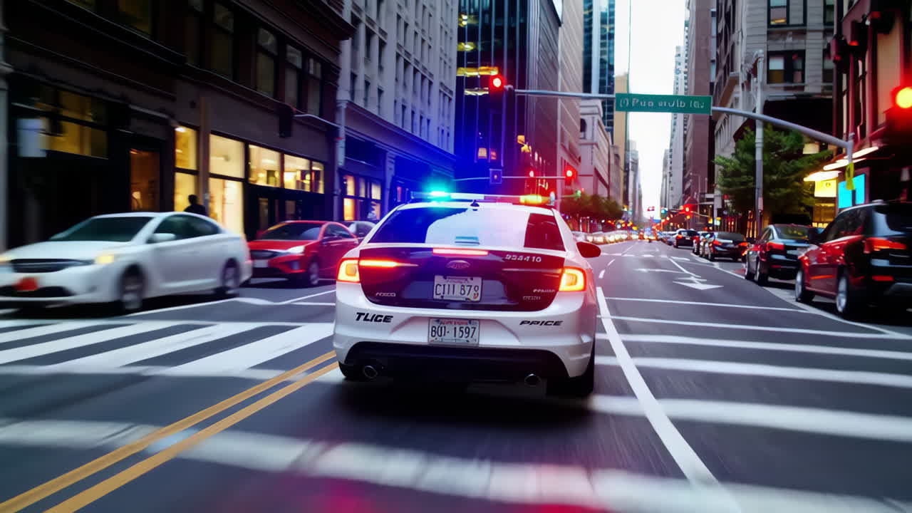 Police Car in Motion on City Street