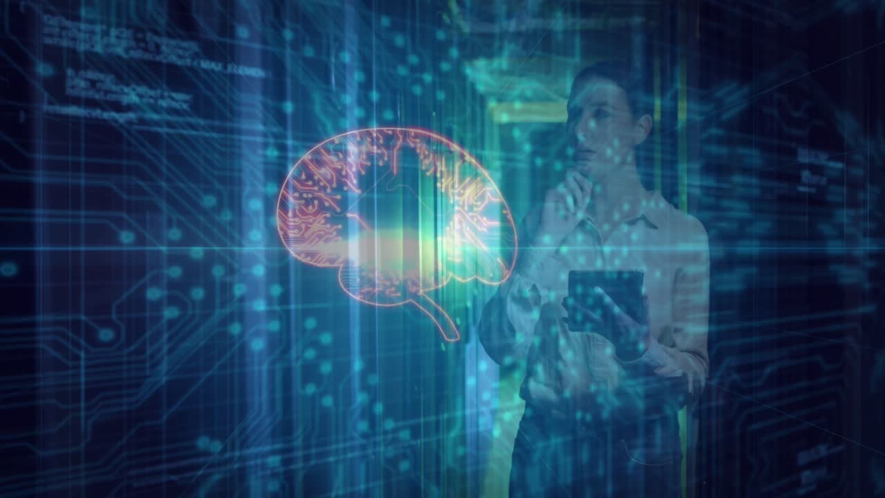 Animation of data processing and digital brain over caucasian woman in server room