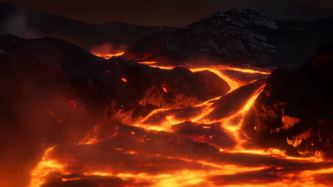 Fiume di lava fusa che scorre attraverso un oscuro paesaggio vulcanico