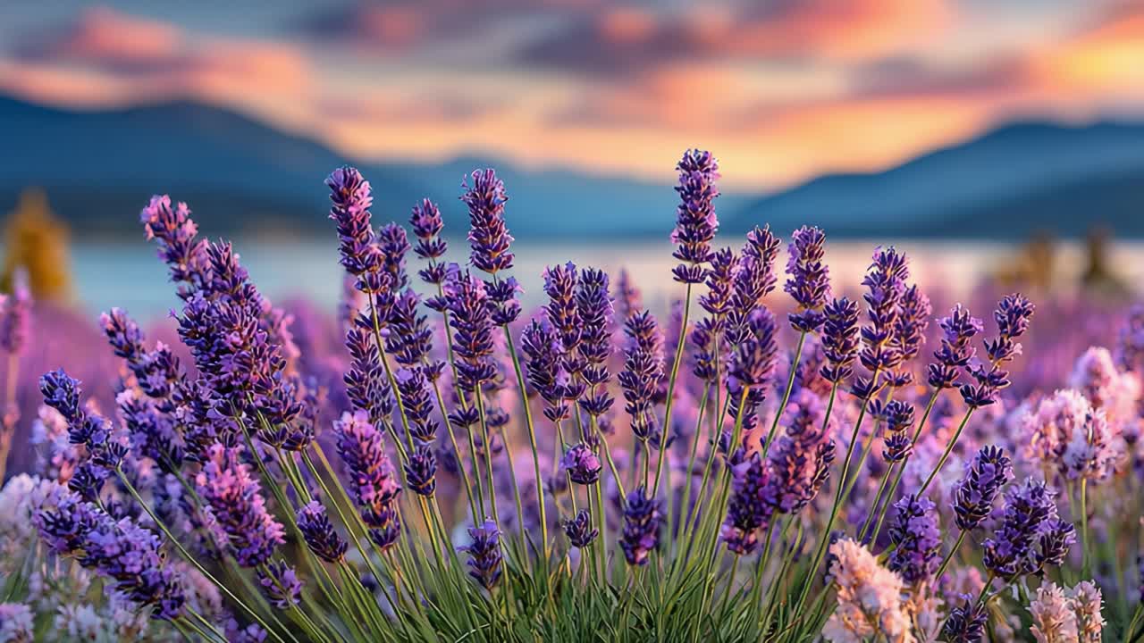 Breathtaking Sunrise over a Lavish Lavender Field: A Serene Display of Nature's Beauty with Purple Blooms Against a Majestic Mountain Backdrop