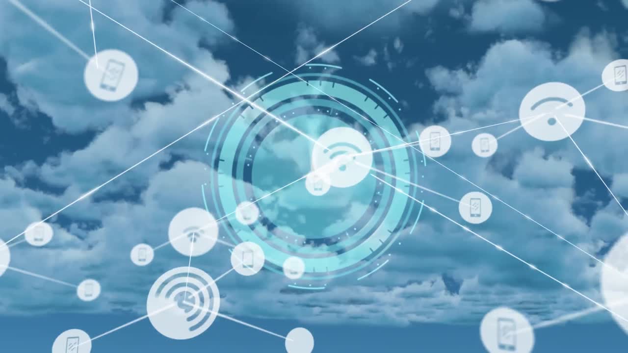 animación de la red de conexiones con iconos digitales sobre el escaneo del alcance