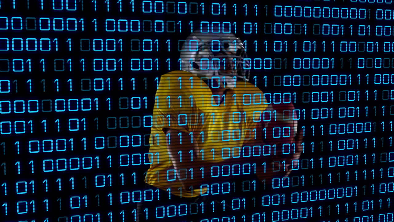 American football player in yellow jersey over binary code animation