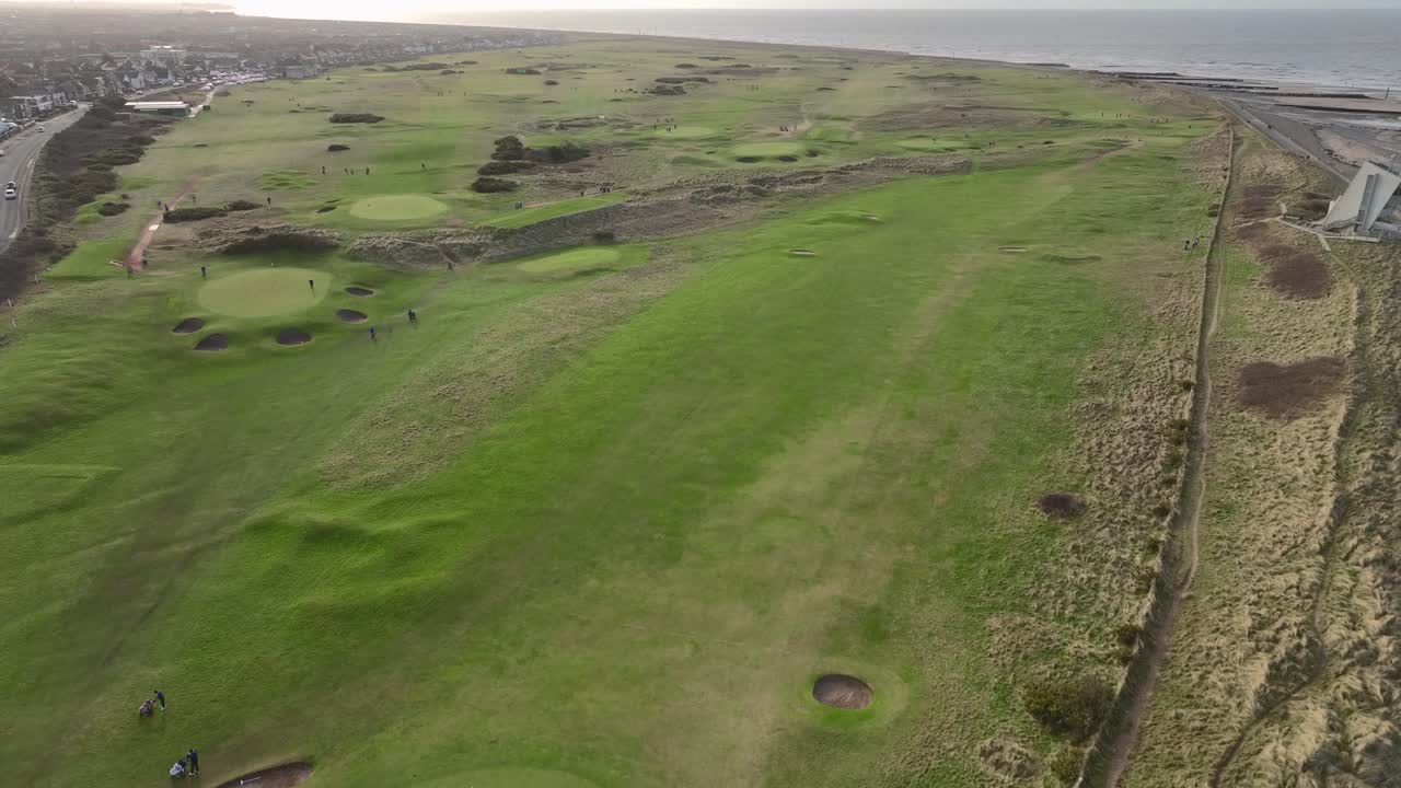 Fleetwood Golf Links, Lancashire, UK. Camera rise to altitude for full course view.