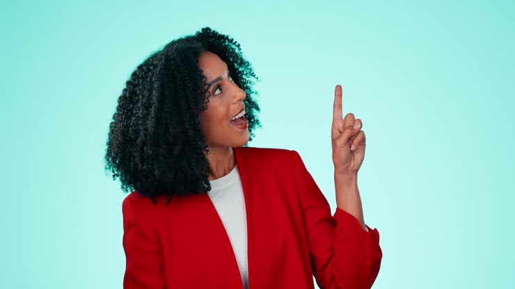Laughing, showing and woman pointing for marketing