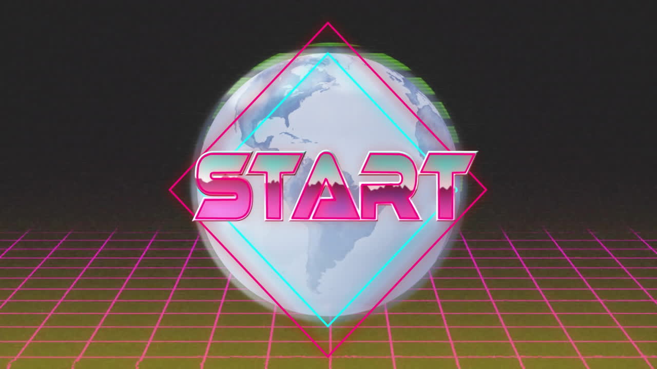 Starting text animation over globe and neon grid background
