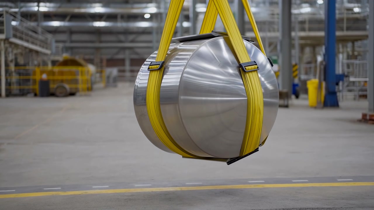 Suspended Steel Coil In Factory During Overhead Hoist Transfer, Yellow Slings Cradle Polished Stainless Metal,