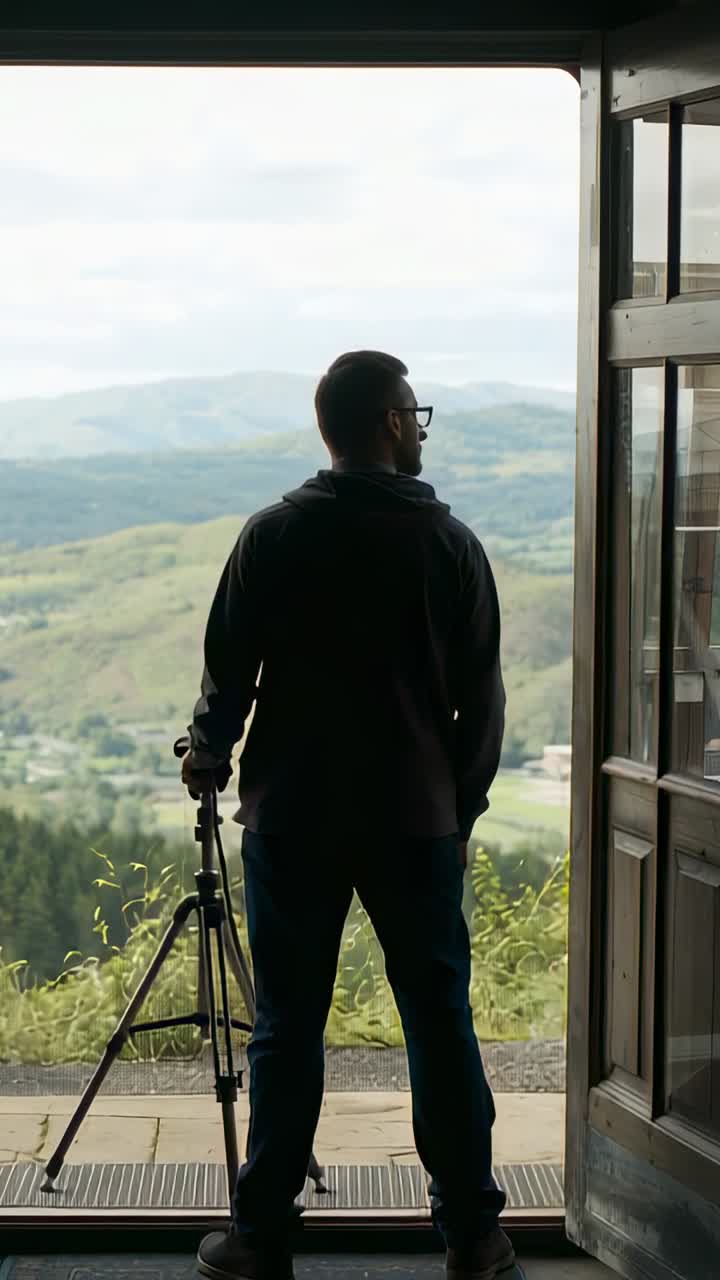 Vertical video: Gazing man in jacket and jeans moving folded tripod by wooden door framing valley