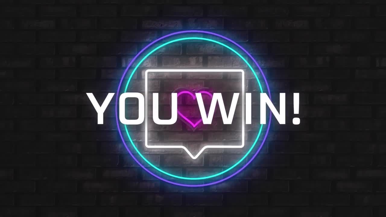 Animation of you win text with neon on brick wall