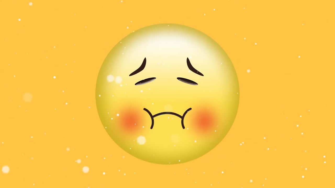 노란색 배경에 슬프고 당황한 이모지 위에 움직이는 빛의  ⁇  반점의 애니메이션