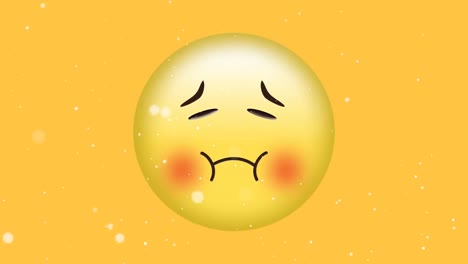 Animation-of-white-spots-of-light-moving-over-sad,-embarrassed-emoji-on-yellow-background