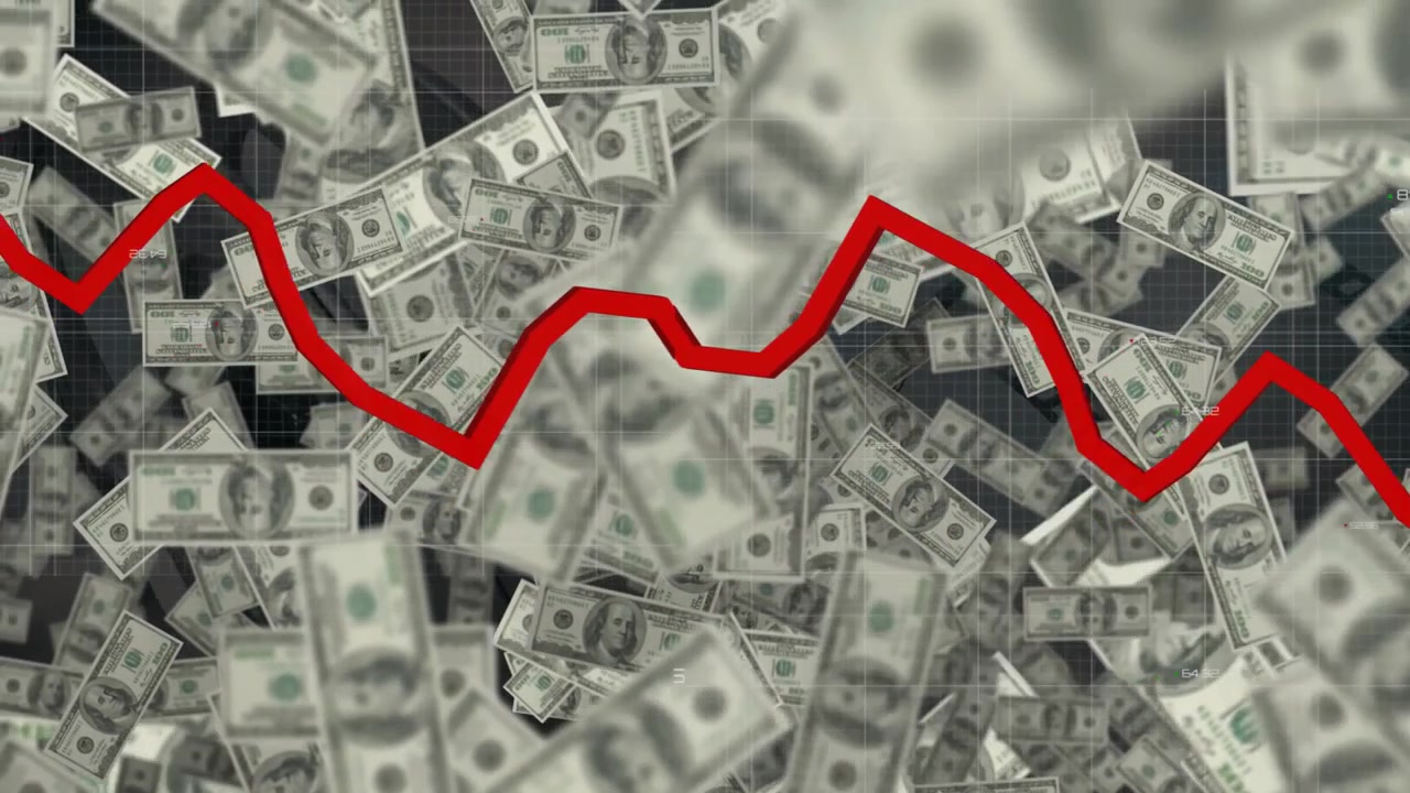 Animation of red line and financial data processing over american dollar bills