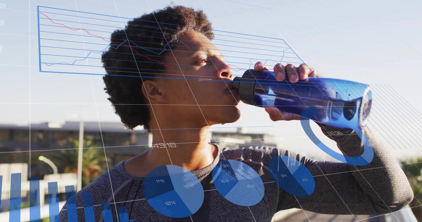 Man getting thirsty sipping checking bottle capping gazing blue charts tracking health hydration