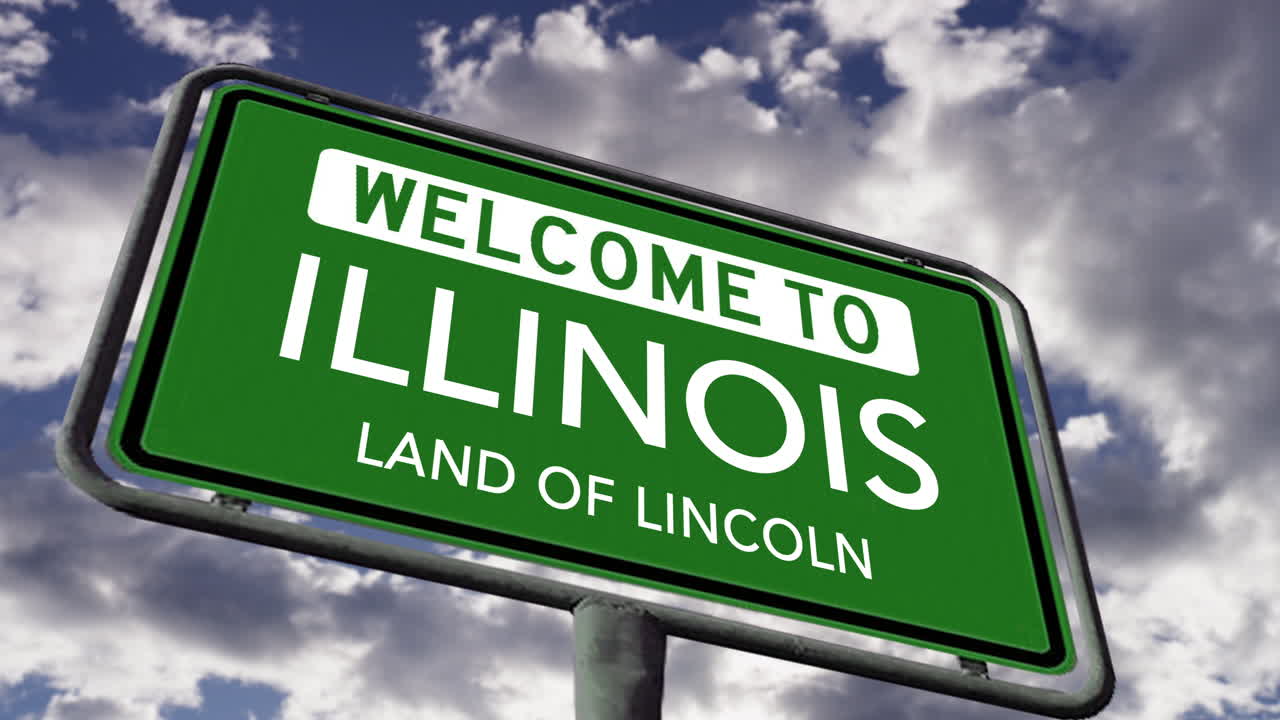 bienvenido a illinois, ee.uu. señal de carretera del estado, tierra de lincoln apodo, animación 3d realista