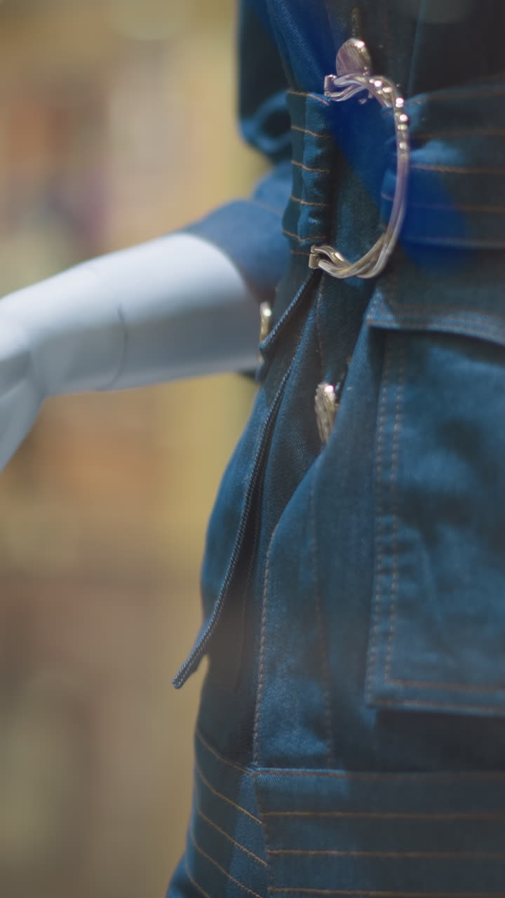 primer plano de un maniquí con un traje de vaqueros con un cinturón elegante, la mano descansada en el lado, exhibido en un escaparate, con fondo borroso y efecto de luz bokeh en el vidrio
