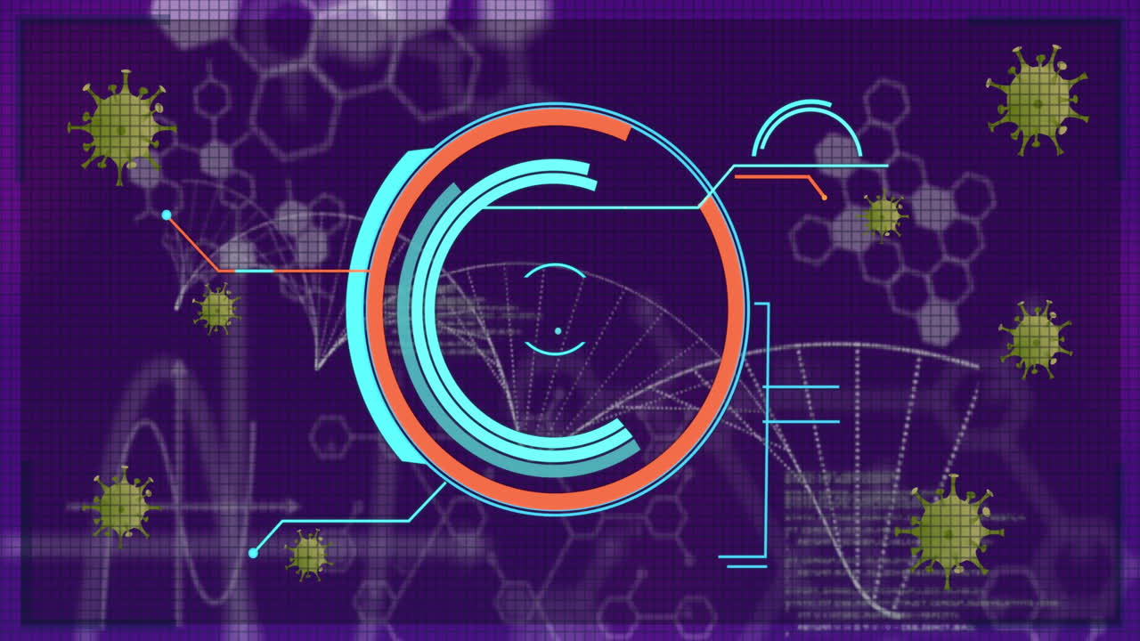 Animation of dna strand and scientific data processing over dark background