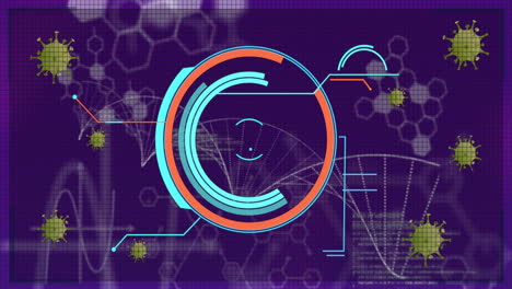 animation of dna strand and scientific data processing over dark background