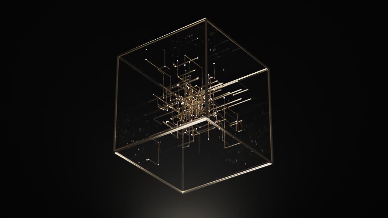 검은색 배경에 추상적인 금 큐브는 운동 설치의 스타일로