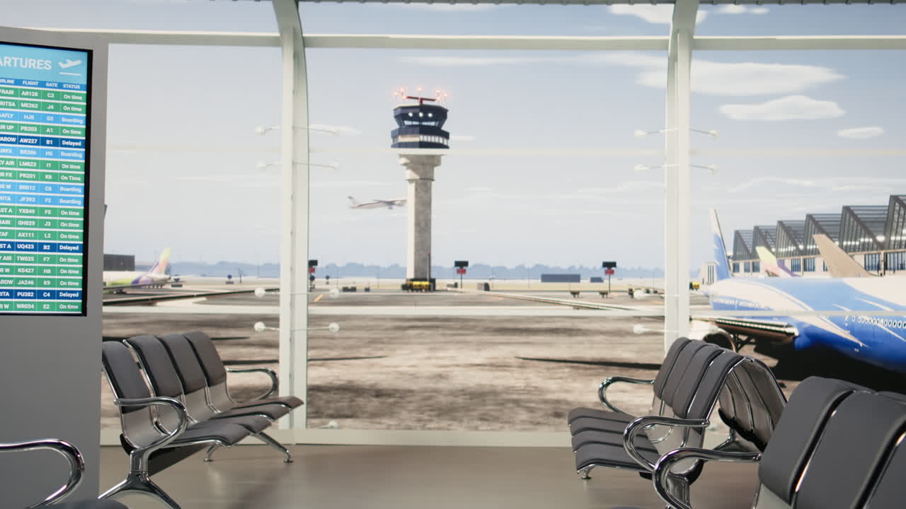 Silenziosa area d'attesa del terminal aeroportuale senza passeggeri e con tabellone delle partenze