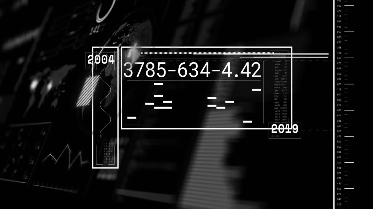 Animation of financial data processing over globe and world map