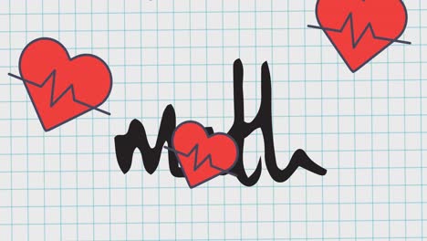animación del texto de matemáticas y corazones que caen en el cuaderno escolar