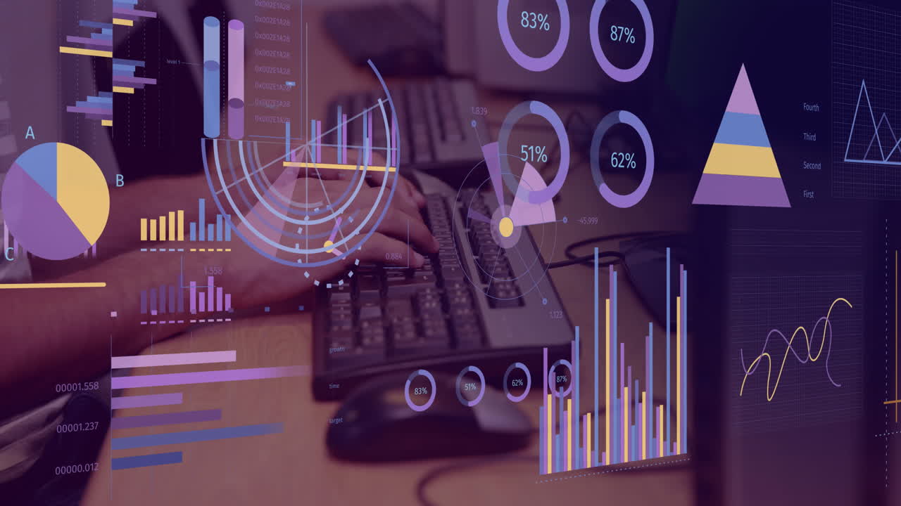 animación del procesamiento de datos financieros sobre una mujer de negocios que usa computadora