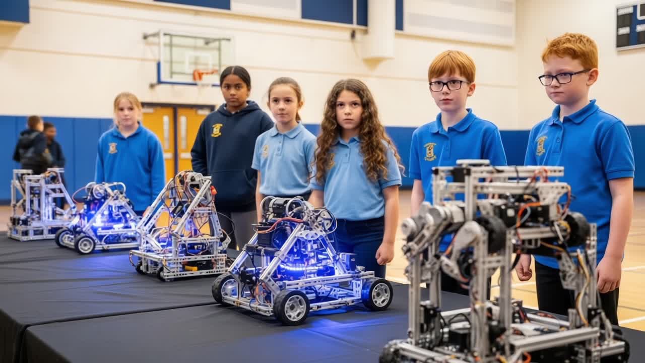 A group of students attentively observes their innovative robotics projects during a school showcase event, highlighting creativity and engineering skills in a competitive atmosphere