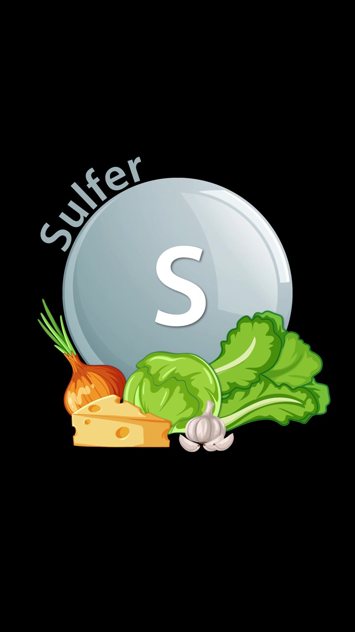 Un icono brillante del elemento azufre es rodeado gradualmente por ilustraciones de cebolla, lechuga, queso y ajo, sobre un fondo negro limpio.