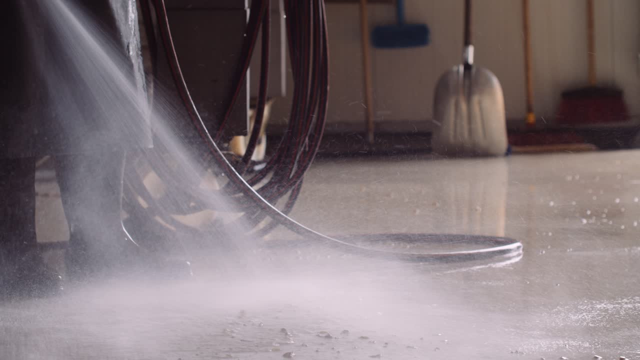 Sticky wine cellar floor being hosed down by labourer; grape harvest