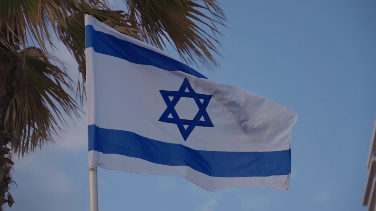 Bandiera israeliana che sventola al vento sotto un cielo blu vicino a una palma.