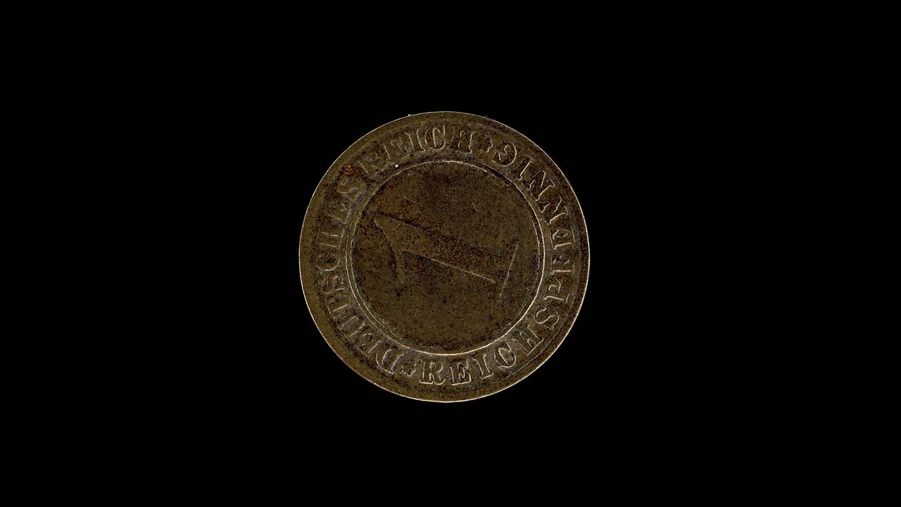 Germany 1 Reichspfennig obverse showing value, macro loop on black background