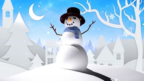 animation of winter scenery with happy snowman