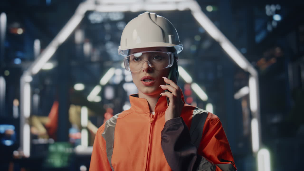 trabajador industrial serio llamando de cerca a la fábrica. empleado hablando por teléfono celular
