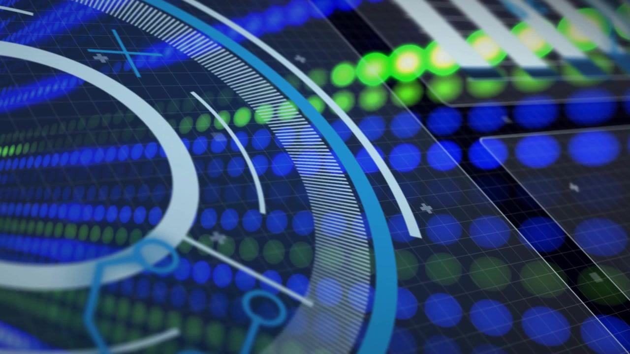 HUD ring rotating after green strand scanning dotted grid, revealing right panels to visualize data