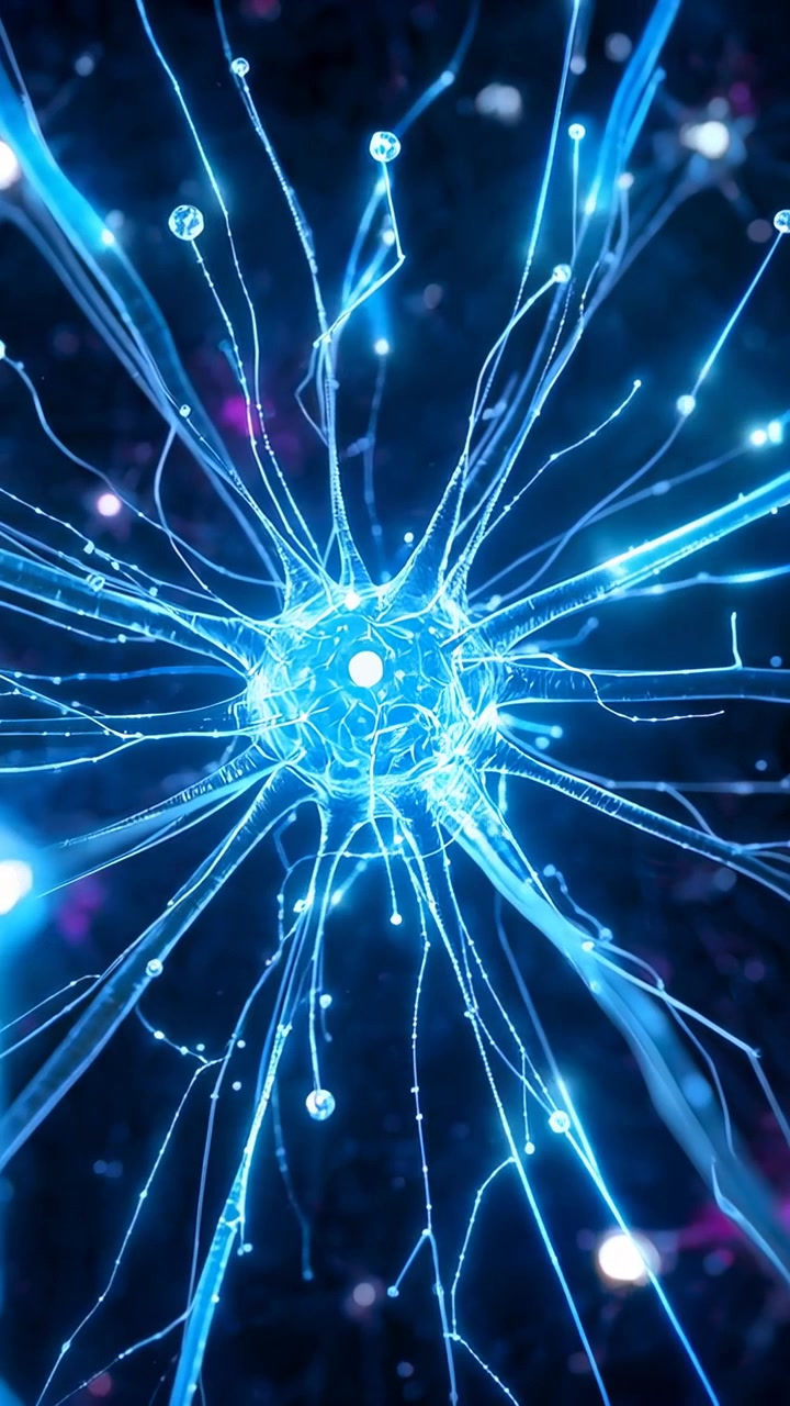 Video verticale: Nucleo pulsante che invia un segnale, filamenti che si estendono, perle che si illuminano in un campo scuro