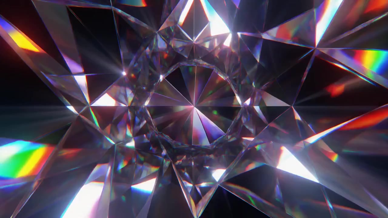 Sfondo astratto di sfaccettature di diamante rotanti con rifrazione della luce