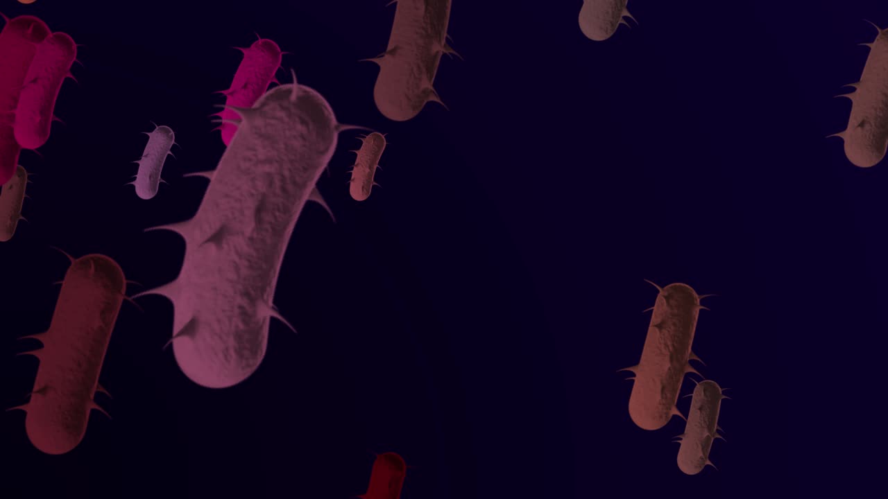 4k микроскопические бактерии медицинский фон - цикл, циклная бактерия - плавающая бактерия e. coli - бактерия - 3d-анимация бакриума. спирилла - крупный план бактерии - несколько цветов
