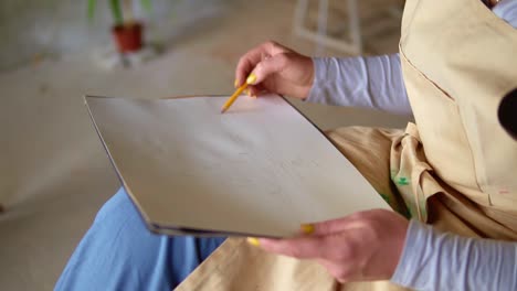 hand of female with yellow manicure drawing at paper in her studio. woman's hand draws. designer clothes or tailor, animator, artist or illustrator. female artist's hand sketching with a pencil on a light day