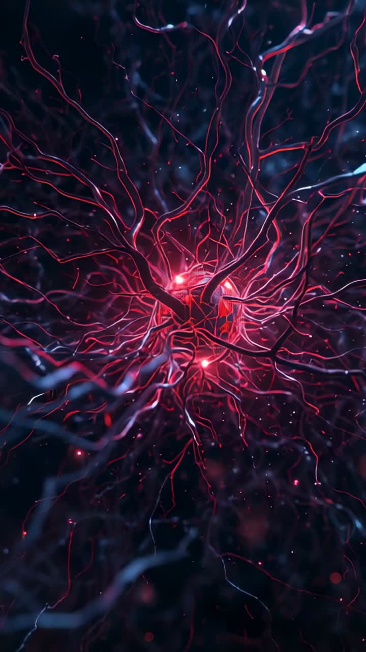 Video verticale: nodo pulsante che si illumina, attirando l'orbita verso l'alto per unirsi al nucleo nei filamenti di simulazione
