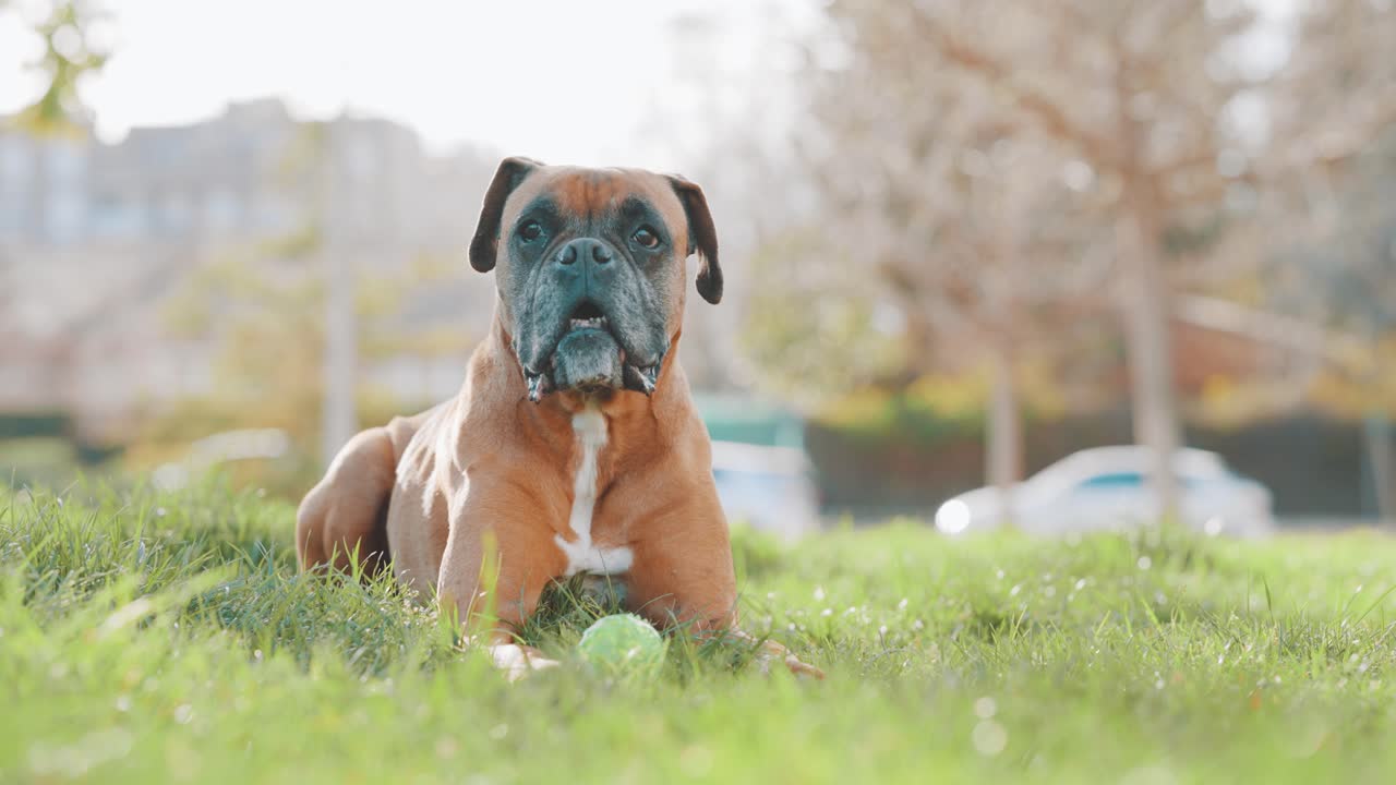 Boxer dog lying on grass with tennis ball