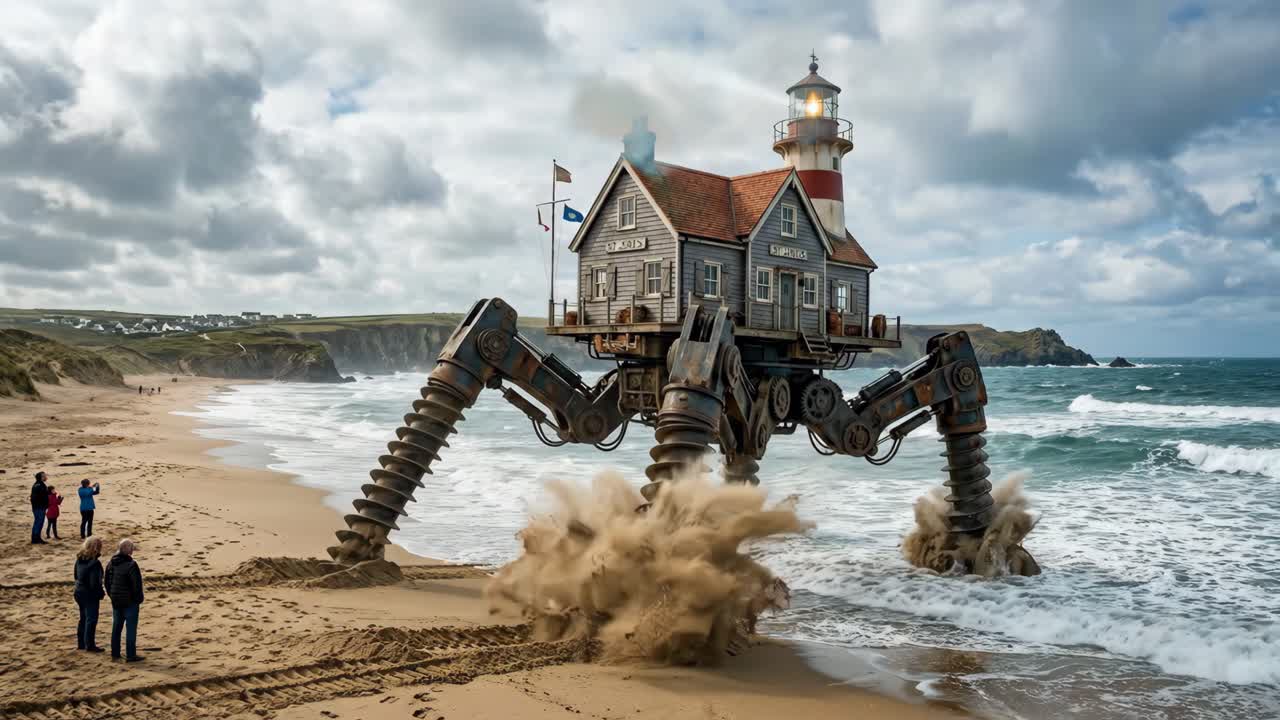 Casa Steampunk Surreale su Gambe Meccaniche in Movimento su una Spiaggia