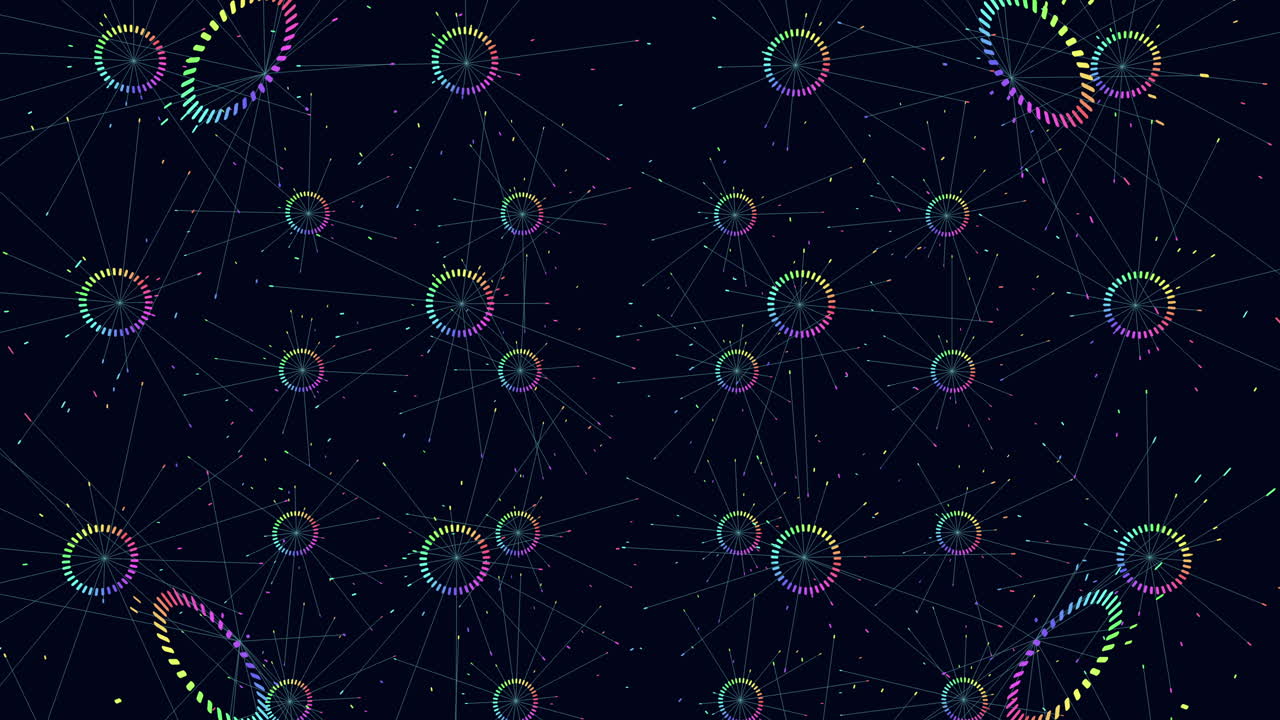 Dynamic circular network of connected circles on dark background