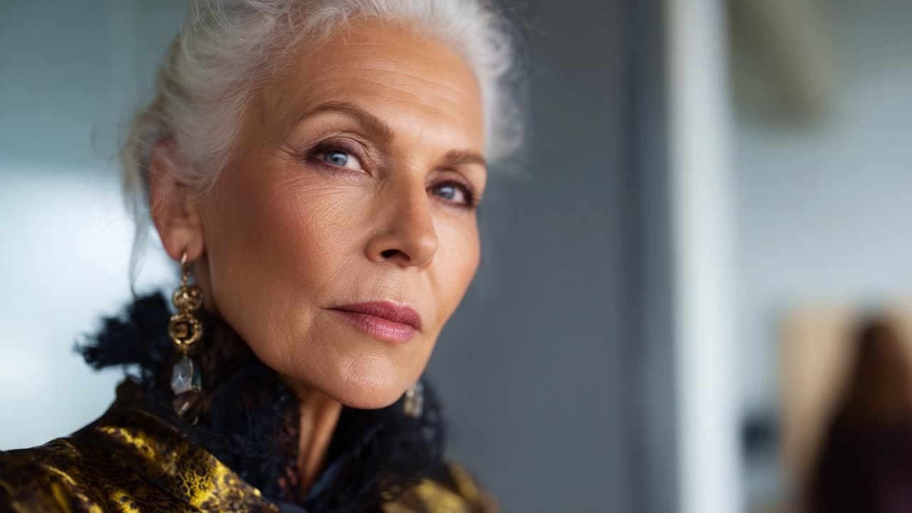 Donna elegante con capelli argentati, che posa con sicurezza, catturando la bellezza e l'eleganza senza tempo in un outfit alla moda con accessori lussuosi ed espressione composta