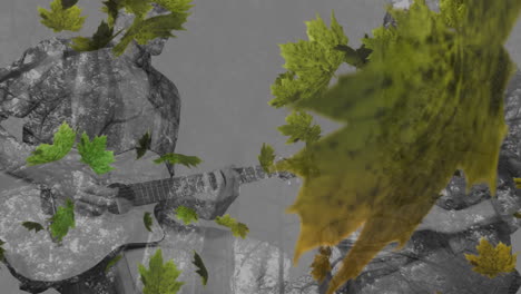 animación de hojas cayendo sobre hombre y mujer caucásicos tocando la guitarra y el tambor