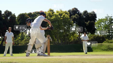 playing cricket on field, social media interaction animation over players