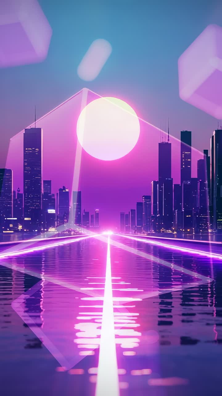 Vídeo vertical: loop com estrada de grade neon pulsante sobre a água ao entardecer, com cubos espelhando o sol